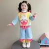 Conjunto Infantil Feminino Outono/Inverno Cartoon Color Block Estiloso Forrado com Pelúcia Conjunto de Duas Peças Hoodie e Calça de Moletom Espessada
