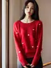 Nuevo Suéter de Lana 100% Pura Rojo Cuello Redondo Corazón Otoño e Invierno 2025 Estilo Coreano Elegante Suelto de Cachemira para Mujer