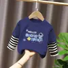Camiseta Manga Longa Infantil para Meninos Estilo Casual Desenho Animado Bebês Meninos Primavera e Outono Gola Redonda Falsa Duas Peças Top Solto Algodão Puro