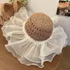 Sombrero de Paja con Adorno de Encaje para Mujer para Verano, Sombrero Transpirable de Ala Ancha para Protección Solar en Verano, Sombrero de Playa para Salidas a la Orilla del Mar