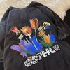 Camiseta da Moda Tendência Estampa de Planta e Flor Verão Gola Redonda Masculina Jovem Popular Estilo Solto Manga Três Quartos Masculino Tendência