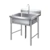 Fregadero comercial de acero inoxidable 304 engrosado, disponible en configuraciones de una, dos y tres cubetas, adecuado para lavar verduras, platos y para su uso en comedores y cocinas.