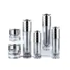 Suministro en stock de botellas de plástico para productos de cuidado de la piel, botellas para sets de salón de belleza, botellas pulverizadoras transparentes, botellas para esencias, botellas para cremas y procesamiento personalizado