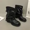 Botines nuevos de tacón grueso para mujer, con hebilla para pantalón, botas moteras apiladas, botas de punta cuadrada 2026, botines vintage de otoño con cinturón en negro