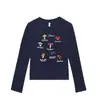 Camiseta feminina azul-marinho, gola redonda, ombro normal, manga longa, novo estilo primavera e outono, com estampa de letra de cogumelo, corte justo, top moderno para mulheres