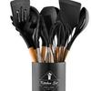 Versão leve nova transfronteiriça cabo de madeira silicone conjunto de utensílios de cozinha barril redondo 14 peças frigideira antiaderente espátula de cozinha colher Ferramentas de Cozinha