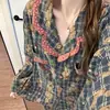 Pijama de Oso con Estampado Cuadros Estilo Coreano para Mujer, Cardigan de Primavera y Otoño con Encaje, Conjunto de Dos Piezas, Ropa de Casa Estilo Retro