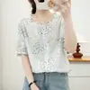 Camisa de manga corta con cuello de encaje de gasa de algodón de doble capa para mujer, estampado artístico vintage, suave, hipoalergénica, transpirable, top de algodón puro
