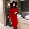 Leche de papaya ropa de invierno nueva moda elegante europea y americana cuello alto longitud media lana con cinturón adelgazante abrigo para mujeres a la moda