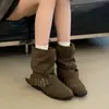 Botas de Moda Retro Botas de Plataforma Mujer 2026 Nuevo Otoño Invierno Hebilla de Cuero Media Pantorrilla Tacón Grueso Botas Vaqueras Botas Arrugadas para Tobillo