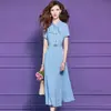Vestido Chemise Azul Original Feimengyi para Mulheres, Manga Curta, Estilo Francês de Verão, Simples e Elegante, Com Marcação na Cintura, Vestido Plissado de Comprimento Médio
