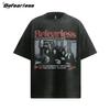 Camiseta de Manga Corta Estampada de Banda Retro Americana Lavada y Desgastada Verano Suelta de Algodón Peso Pesado Pareja Media Manga Hombres y Mujeres