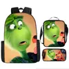 Monstruo de Pelo Verde Grinch Transfronterizo Nueva Mochila Escolar Mochila de Dibujos Animados Set de Tres Piezas Bolso Estuche para Lápices