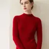 Camiseta básica 100% cachemira pura, nuevo estilo otoño e invierno, cuello semi-alto, corte ajustado, suéter de punto acanalado para mujer