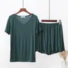 Conjunto de T-shirt de Modal Feminino Verão plus size Manga Curta Gola V Cor Sólida Pijama Solto Emagrecedor Fino Casual Conjunto de Duas Peças