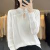 Nova Blusa de Tricô Fina de Lã Penteada para Mulheres, Gola Guofeng, Manga Longa, Caimento Solto, Estilo Preguiçoso
