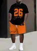 Conjunto de dos piezas de estilo americano con letras impresas en 3D, moderno, hip-hop, casual, deportivo, con pantalones cortos y camiseta de manga corta