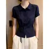 Top Azul Marino de Verano para Mujer 2026 con Cuello de Solapa, Corbata, Casual, Versátil, Cómodo, Elegante y Único de Manga Corta