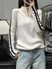 2025 Nuevo Jersey de Punto de Lana Pura Suave y Sedoso para Mujer, Cuello Medio Alto de Color Contrastante, Media Cremallera, Holgado, Elegante, Sencillo