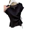 Camisa de Manga Corta Patchwork Hueca de Moda Personalizada para Mujer, Nuevo Estilo Verano 2026, Elegante, Versátil, Adelgazante, Asimétrica
