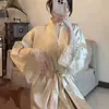 Roupão de Renda de Manga Longa para Primavera e Verão, Cetim Elástico, Luxo Leve, Mesmo Estilo das Damas Nobres, Roupão Matinal para Mulheres Altas, Camisola Longa Sexy, Caimento Solto