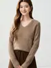 Novedad de Otoño Estilo Elegante para el Trabajo Suéter de Cachemir Tejido de Punto Trenzado con Cuello en V para Mujer Holgado de Doble Hilo Jersey de Punto Capa Base