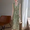 Vestido Largo sin Mangas Floral Verde Retro Francés para Mujer, Verano Ceñido a la Cintura Adelgazante Elegante en Naranja