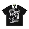 Camiseta de Manga Corta de Verano Nueva Estilo Americano Street Graffiti Dibujos Animados Wildman Base Hip-Hop con Tachuelas Cuello Solapa Bloque de Color