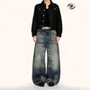 Calça Jeans Reta Yongfang Estilo Retrô Americano Azul para Homens e Mulheres, Desgastada Tridimensional Tendência Bigodada Solta Lavada Perna Larga Casual