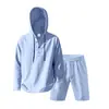 Traje Henry con Capucha de Lino Holgado Casual de Verano para Hombre, Transfronterizo Europeo y Americano, con Pantalones Cortos de Manga Larga, Tendencia de Playa
