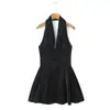 8161-26 Novo Estilo de Primavera Cedo Francês Puro Desejo Azul Retrô Costas Nuas Decote em V Franzido Vestido Justo