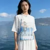 Nueva Camisa Bordada de Seda-Lino Blanca Tie-Dye de Manga Media con Cuello de Solapa, Cuello Redondo, Corte Holgado, Adelgazante, Elegante, Versátil