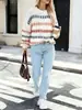 Suéter de punto de color bloqueado para mujer transfronterizo de primavera y otoño, agradable para la piel, adecuado para el uso diario, suave y acogedor, cuello redondo, versátil, top de moda