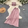 Conjunto de dos piezas tipo top sin tirantes estilo resort francés para mujer, top tipo tubo de verano con falda de cintura alta, atuendo adelgazante y elegante