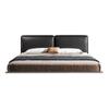 Cama minimalista italiana de cuero con estructura de acero simple y suspensión de bloques de tofu con bordes negros. Cama matrimonial de lujo para dormitorio principal.