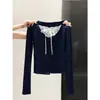 Camiseta de Encaje Fresca y Sencilla de Manga Larga para Mujer, Primavera y Otoño Bm Falso Dos Piezas, Hombro Normal Ajustado Diseño Base Top