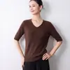 Suéter de punto fino de primavera y otoño transfronterizo, cuello en V, manga de tres cuartos, top de punto fino, moderno y versátil, corte holgado, adelgazante para mujer