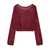 Top corto de punto calado con lentejuelas estilo vacacional, nueva moda primavera-verano, cuello redondo, manga larga, corte holgado, top tipo cover-up adelgazante