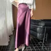 Falda midi de satén dorado con abertura lateral para mujer, primavera y otoño, de cintura alta, adelgazante, brillante, estilo retro francés, falda de línea A