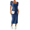 Moda Femenina Transfronteriza Nueva de Verano Vestido Cuadrado Sexy Delgado con Abertura que se Ajusta a la Cadera para Mujer Comercio Exterior Europeo y Americano Suave y Sedoso