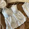 Pijama camisola sexy estilo francés con copas para mujer, conjunto de ropa de casa de verano con ribete de encaje, top sin mangas y shorts