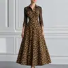 Outono/Inverno 2026 Novo Vestido Longo Europeu e Americano de Moda Transfronteiriça com Estampa de Leopardo, Gola Reversível e Mangas Longas, Vestido Longo Feminino