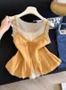 Conjunto de dos piezas de punto con camiseta de cuello redondo y volantes de encaje estilo francés, top juvenil para mujer en verano