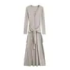 Vestido Longo Feminino de Cintura Alta de Luxo Francês Outono Cor Sólida Nicho Gola Redonda Fivela Casual Vestido Grande