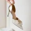 Elegantes sapatos de salto alto com lantejoulas douradas para mulheres 2025, bico fino, adequados para banquetes, noivas, casamentos e vestidos de noiva, sapatos de cristal de uso duplo