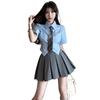 Falda dulce y picante traje ligeramente gordo talla grande camisa azul de manga corta falda plisada chica gordita estilo universitario falda conjunto de dos piezas para mujer