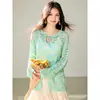 Sí, cárdigan de punto casual versátil estilo coreano con calados y protección solar para mujer, color verde adelgazante