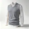 Colete de tricô sem mangas com gola V para outono e inverno, suéter quente, camada interna de cor sólida, colete de lã, camiseta básica