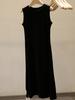 Vestido tipo chaleco de punto negro con cintura plisada de Design Sense para mujer, elegante, adelgazante, con cuello redondo y falda larga interior para primavera y verano.