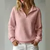 Colección de otoño europea y americana 2026: sudadera de mujer cómoda, holgada, de punto gofrado, color liso, cuello alto, con cremallera, manga larga, patchwork